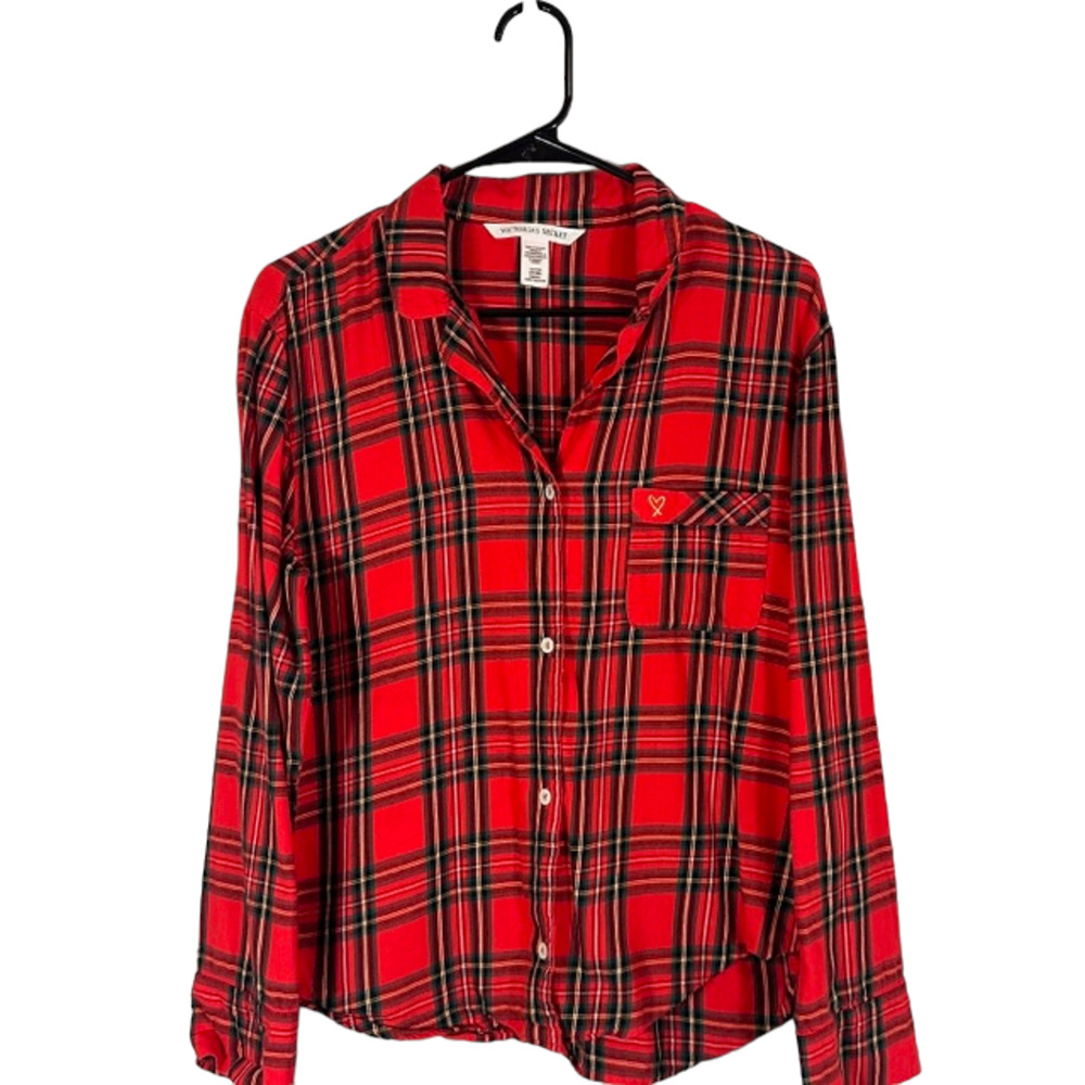 Victoria's Secret Red Plaid Button Down Loungewear Sleep Shirt Women Sz S